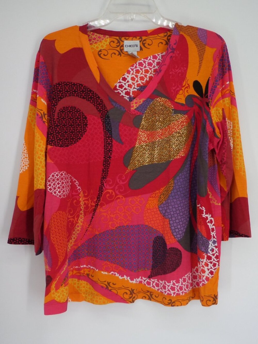 Chico's  Women's V Neck  3/4 Sleeve Multi Color Print  Top  Size 3 US XL